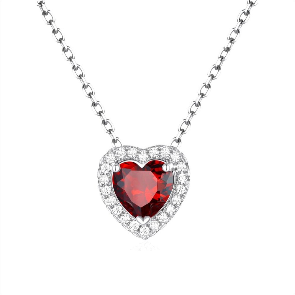 Platinum Plated Heart Birthstone Necklace with CZ Pendant, 16" + 2" Extender